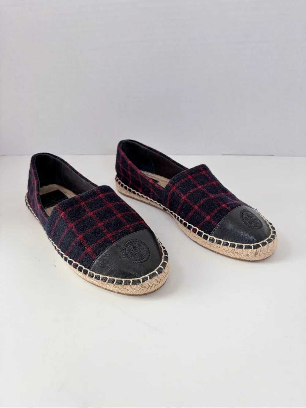 Tory Burch Plaid Espadrilles Colorblock Checked Wool Leather Navy Red Size 9